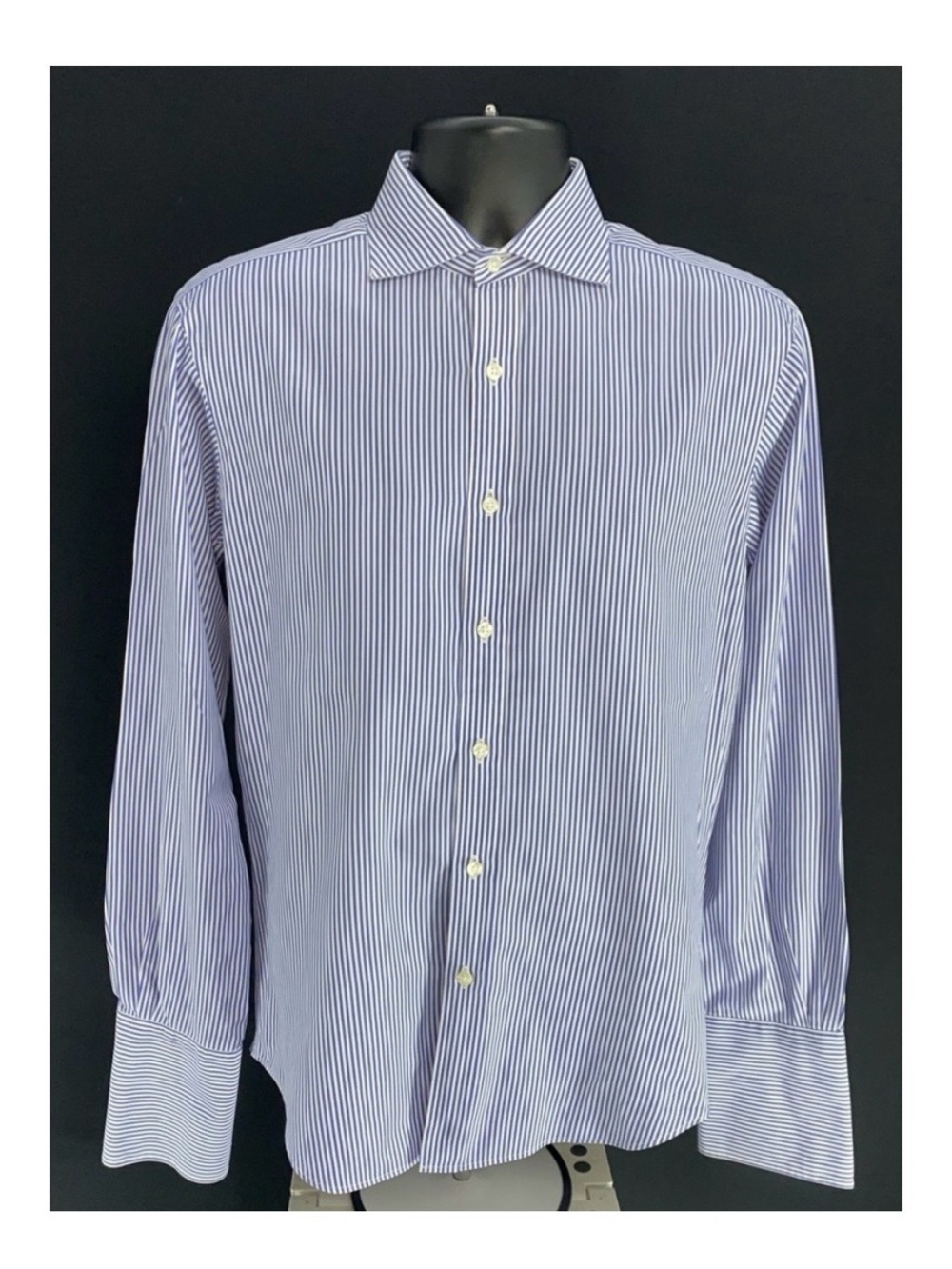 T.M. Lewin 2-Fold Cotton White Blue Stripe Lewin Slim Fit Dress Shirt 15.5 34.5